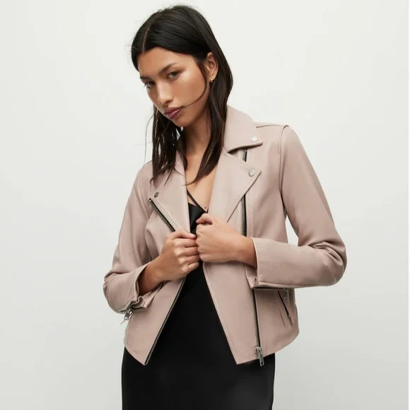 All Saints Dalby Leather Biker Jacket in Misty Pink - Picture 1 of 7